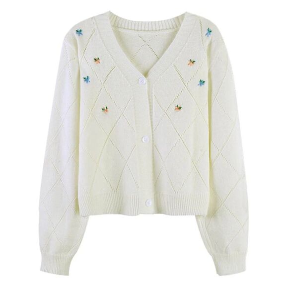 UNNI Cottagecore Cream Lattice Knit Cropped Cardigan with Floral Embroidery Sz S - Picture 4 of 10